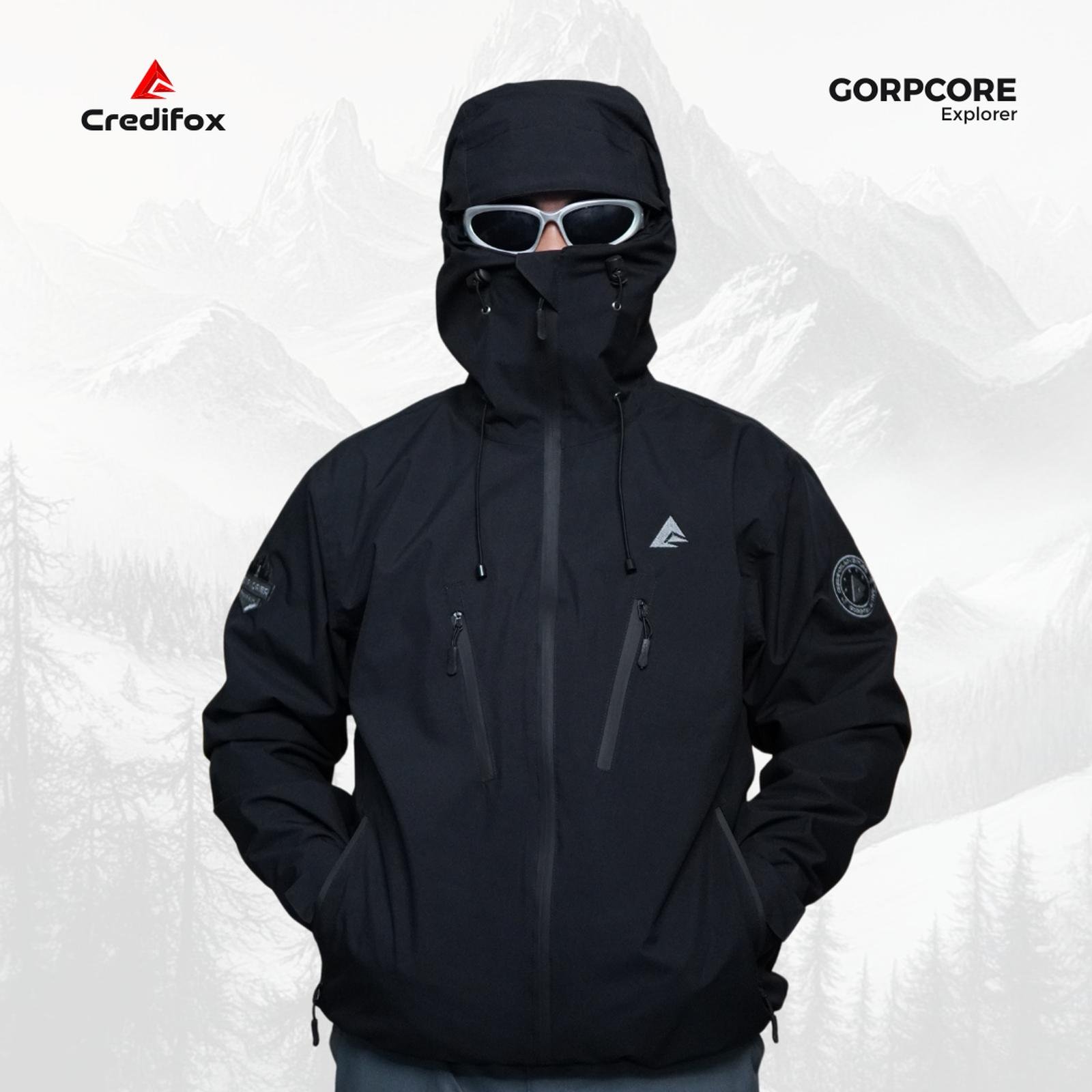 CREDIFOX Jaket Gorpcore Seri Explorer Bahan Taslan Balon Waterproof - Gorpcore Jacket Anti Air - HITAM, S (25Kg-40Kg)