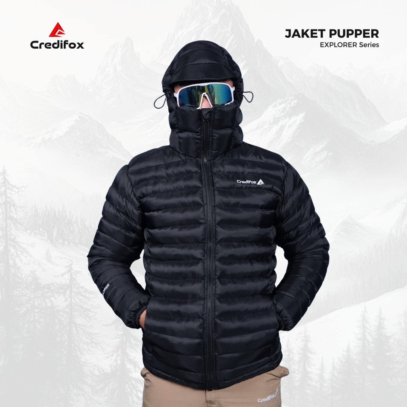 CREDIFOX Jaket Gunung Gorpcore pupper seri EXPLORER Zipper YKK - Jacket Gelembung Bahan Cire - Jaket Outdoor Puffer - HITAM, XXL (80kg-100kg)